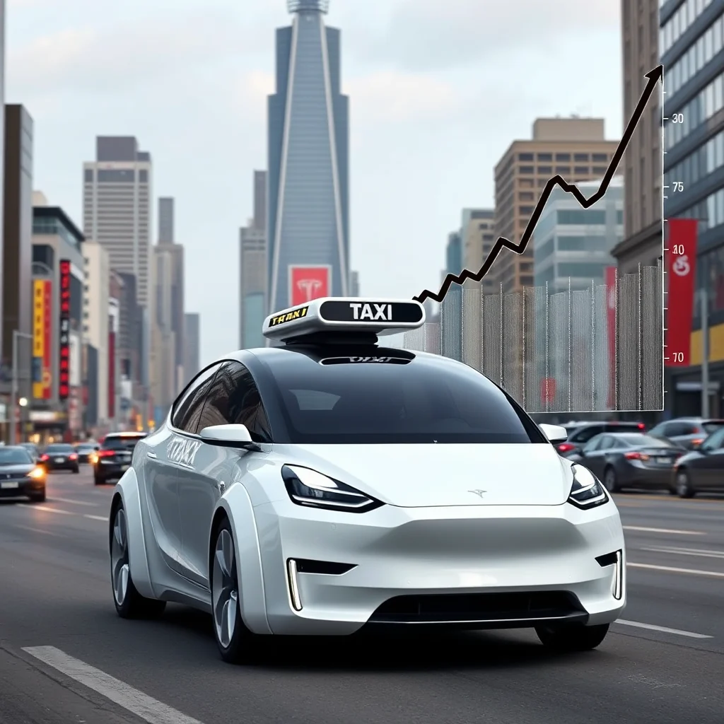 A white Tesla taxi with a "TAXI" sign on top is driving down a city street. Behind the car, a graph shows an upward trend in data, with bars representing increased growth.
