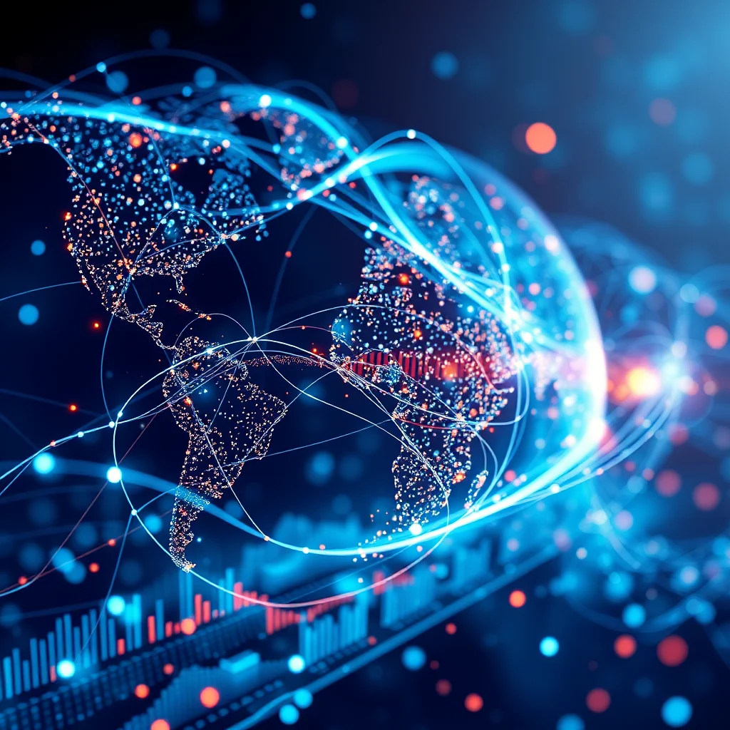 A stylized 3D digital rendering of a glowing world map composed of interconnected blue and orange lights, overlaid with bright blue light trails and a futuristic financial graph in the foreground, all against a dark blue, bokeh-filled background.
