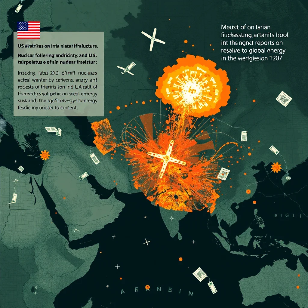 An abstract, digitally illustrated map of the Middle East and parts of Asia with stylized explosions and text overlays. The background is a dark green map, with political borders faintly visible. Two large, fiery orange explosions dominate the center and upper right of the image, emanating outward with jagged lines and debris. Several smaller orange dots and flashes dot the map, suggesting further conflict. In the upper left, a US flag is positioned above a text box containing English text. Below this, another text box with garbled, nonsensical English text is visible. Scattered across the map are several stylized depictions of banknotes, some falling like rain. Two small white airplanes or drones are flying near the upper explosion, and two white crosses are visible within the larger explosions, suggesting significant destructive events. In the lower right, text reads "EIGLI".