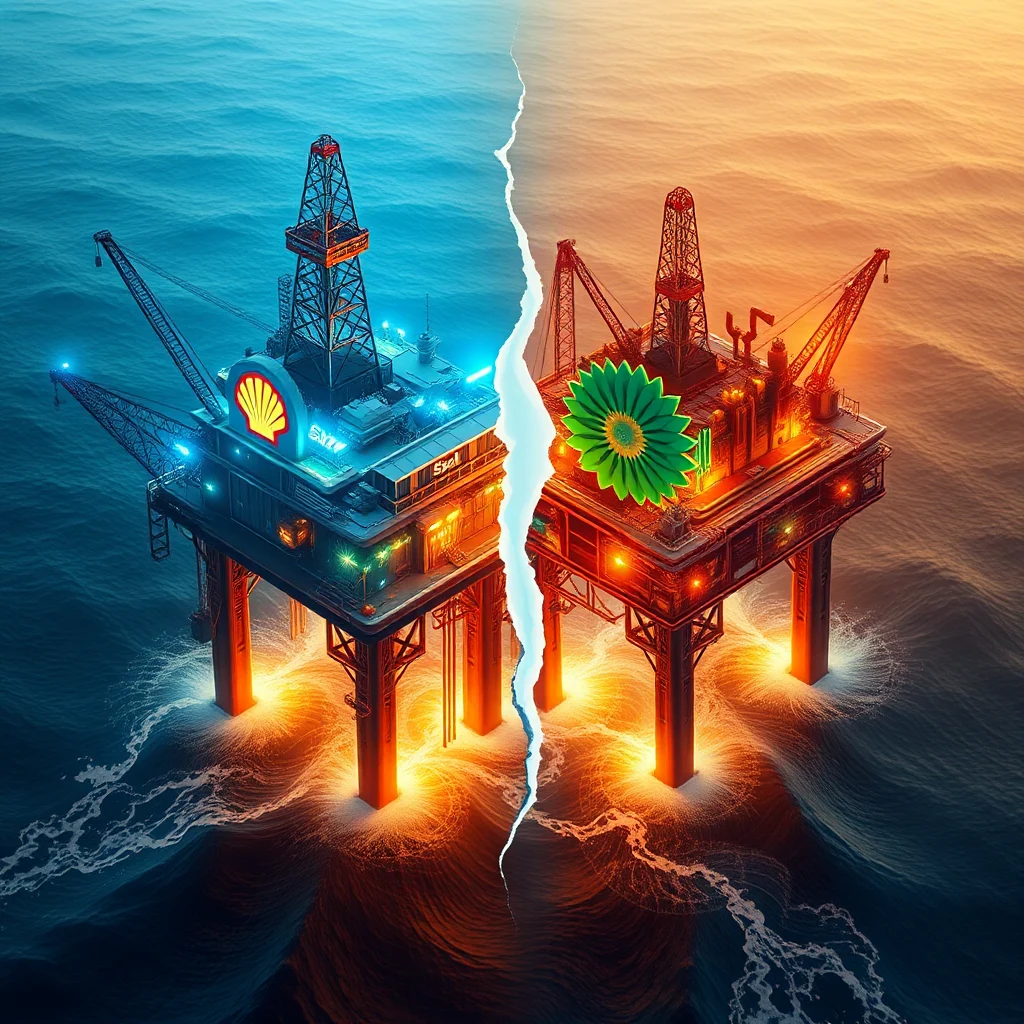An oil rig split in half, with one side featuring the Shell logo and blue lighting, and the other side featuring the BP logo and orange lighting.