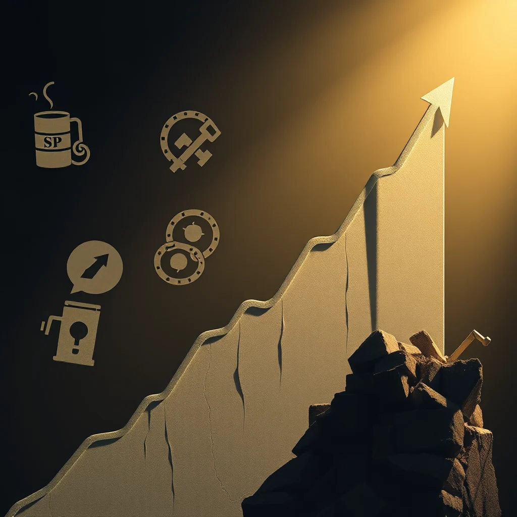 A gold arrow graph rises sharply, culminating in a bright spotlight. Four stylized icons are visible on the dark background to the left of the graph: a mug with "SP" inside, a gear-like symbol, two stacked circular shapes, and a lightbulb with an upward arrow in a speech bubble emerging from a cylindrical object. The graph itself is textured and appears to be made of stone, with rough edges and cracks. At the base of the graph's ascent, a pile of dark, jagged rocks is illuminated by a golden light, with a small, golden pickaxe resting on the rocks.