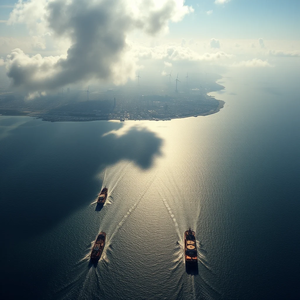An aerial view of a coastline with wind turbines and a city skyline, as three large cargo ships sail on the calm blue water, leaving white wakes behind them.