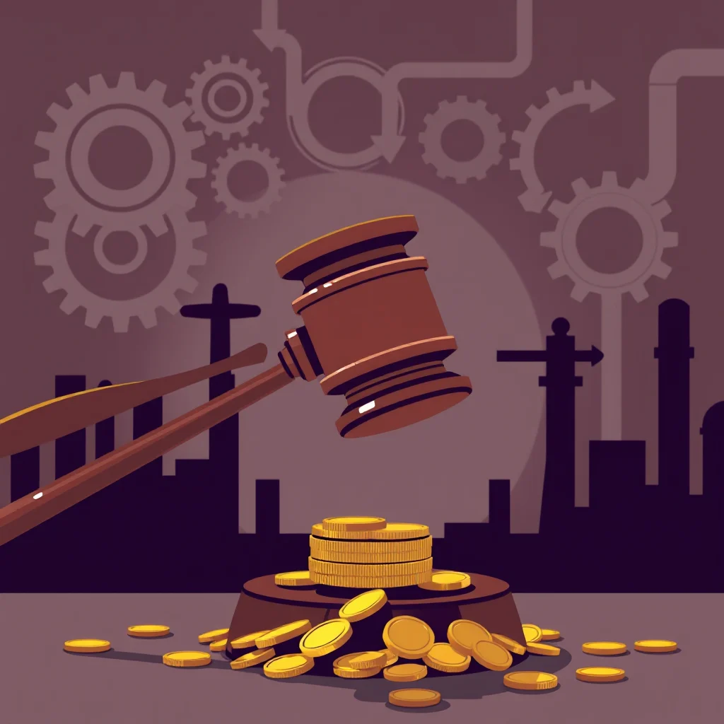 A gavel is about to strike a pile of gold coins in front of a silhouetted industrial cityscape with large gears in the background.