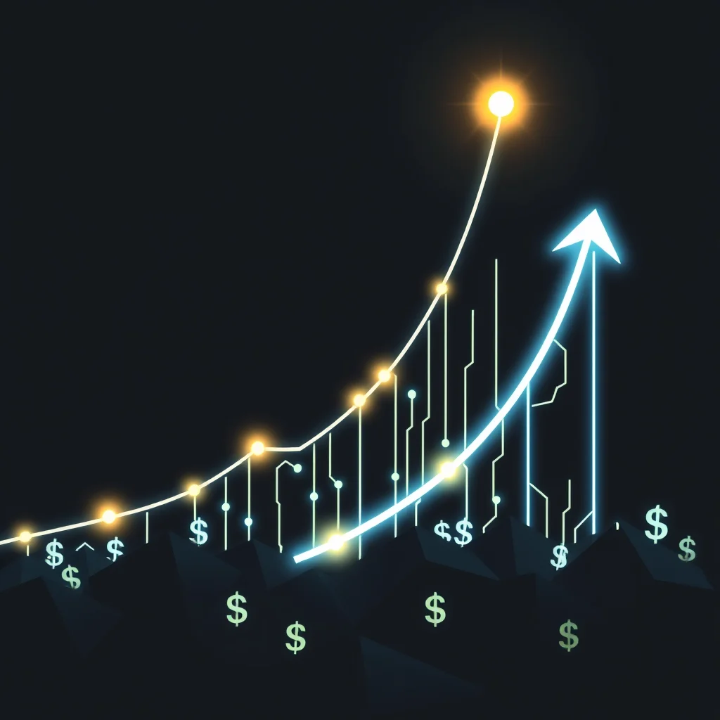 A digital illustration depicts a financial growth chart with a white line rising upwards, marked by glowing yellow dots and an illuminated blue arrow at the peak. The background is dark, with abstract polygonal shapes at the bottom and scattered dollar signs.