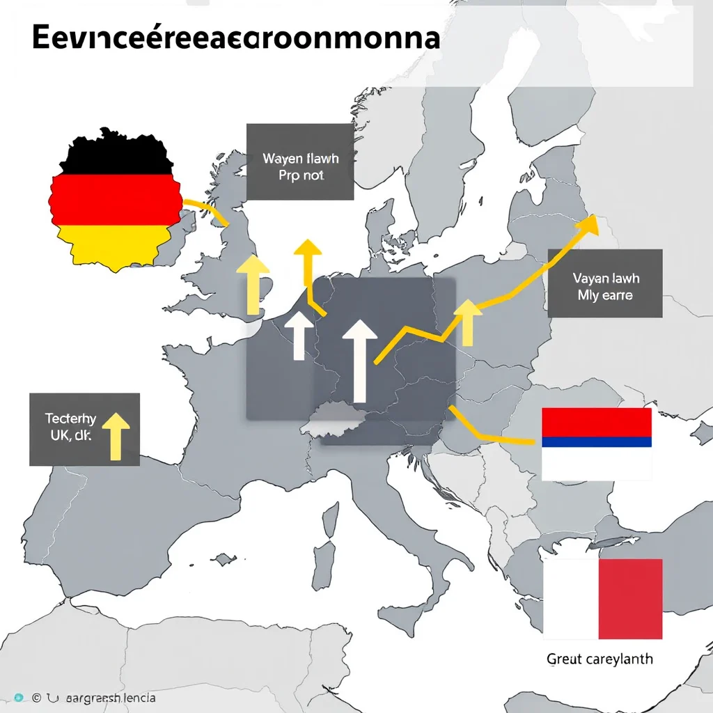 A map of Europe with stylized arrows indicating upward trends from the UK, Germany, and Eastern Europe, with flags representing Serbia and France.
