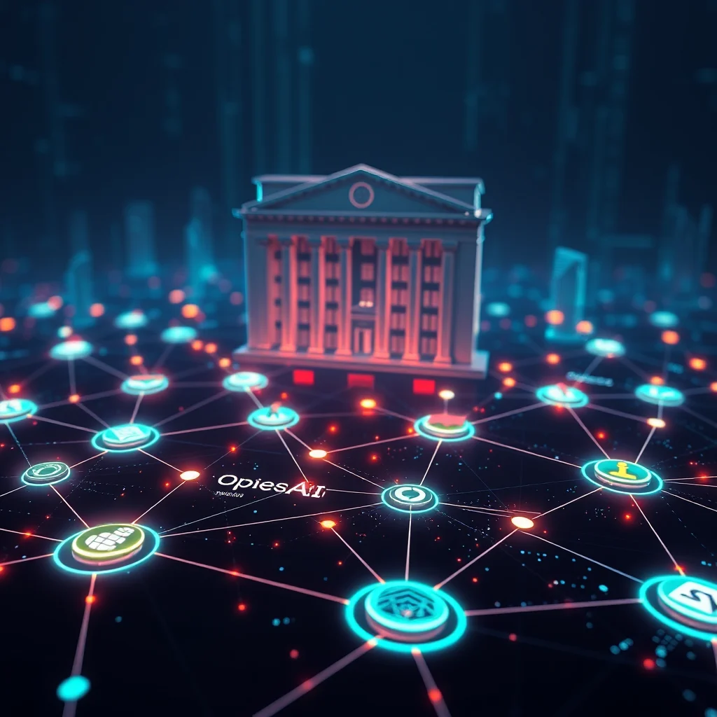 A digital network with nodes connected to a central building, symbolizing finance and technology.