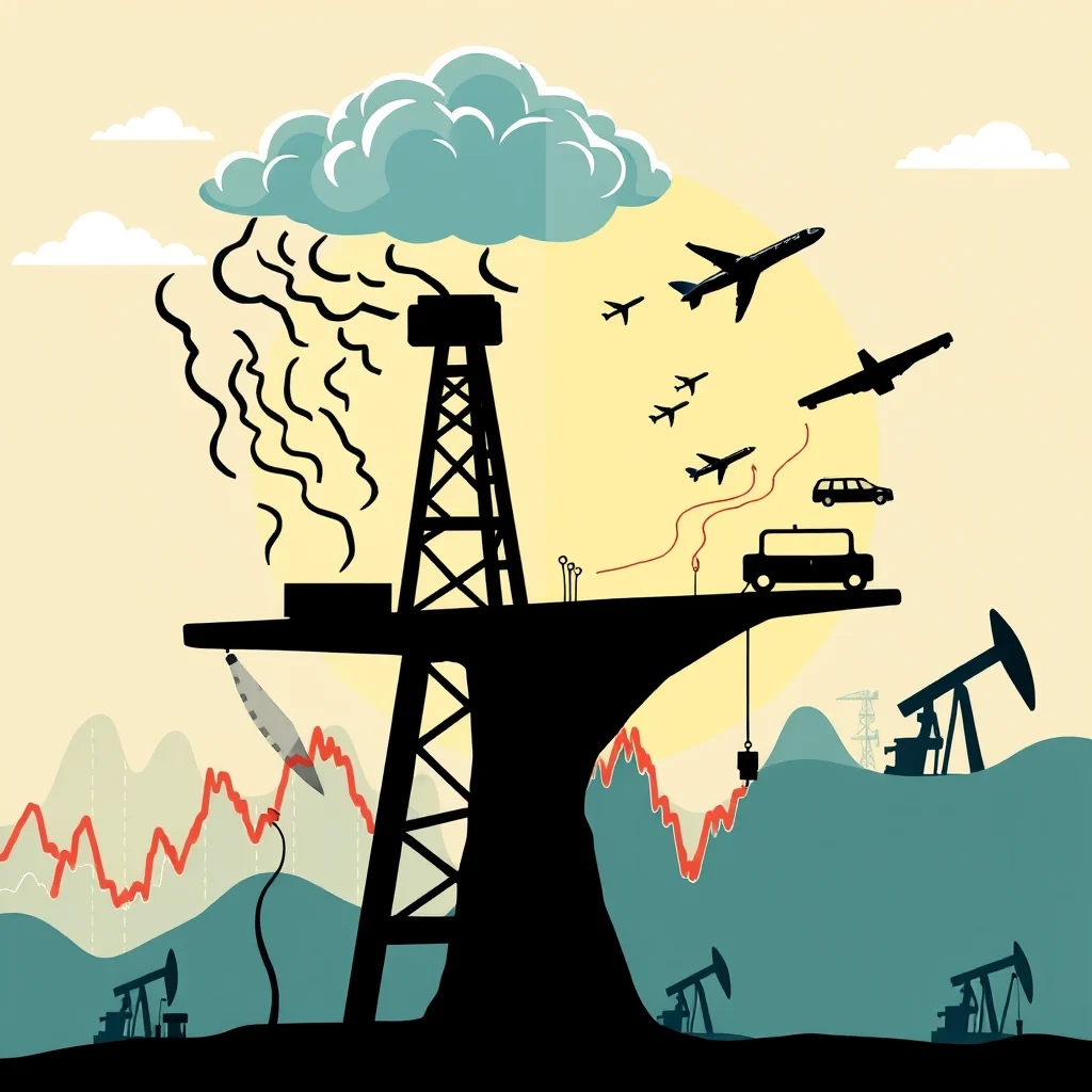A graphic illustration depicting the oil industry and its environmental impact, featuring a prominent oil rig with billowing smoke against a yellow sky. Several airplanes and cars are shown above a platform extending from the rig. In the foreground and background, oil pumpjacks operate, with stylized graphs showing fluctuating red lines, suggesting market volatility. The overall scene highlights the connection between fossil fuels, transportation, and environmental concerns.