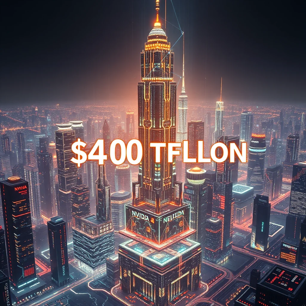 A massive, illuminated skyscraper dominates the center of the frame, with the text "$400 TFLON" displayed prominently in large, white, sans-serif font across its facade. The skyscraper is surrounded by a dense cityscape of other illuminated buildings, creating a futuristic, cyberpunk aesthetic. The sky is dark and hazy, with the lights of the city stretching towards the horizon.