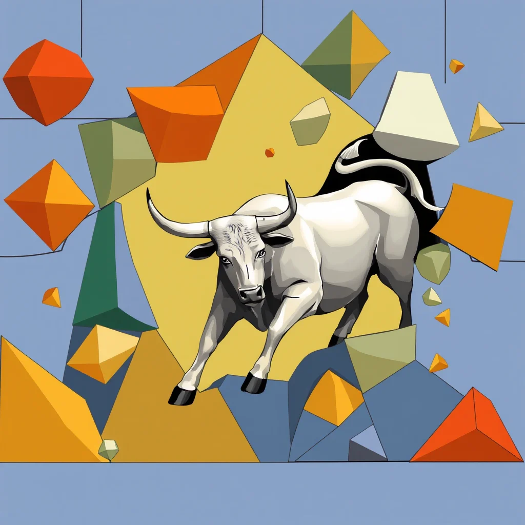 A white bull with large horns charges forward, depicted in a low-angle, realistic style. It is positioned in front of a stylized, abstract background of geometric shapes in shades of yellow, blue, green, and orange, with a light blue sky above.