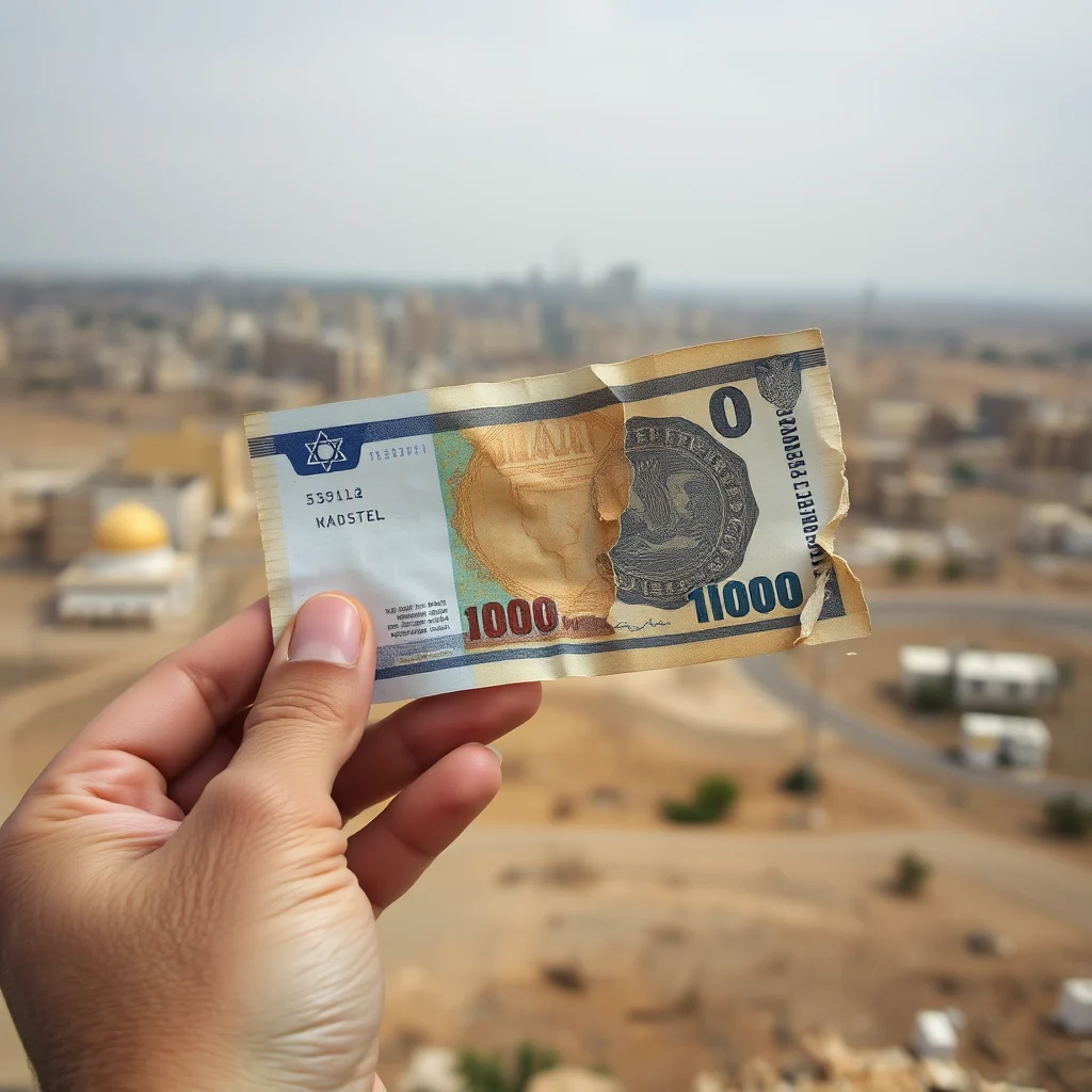 A hand holds up a crumpled 1000 shekel banknote with a picture of Theodor Herzl on it, with a blurry city skyline and a golden-domed building in the background.