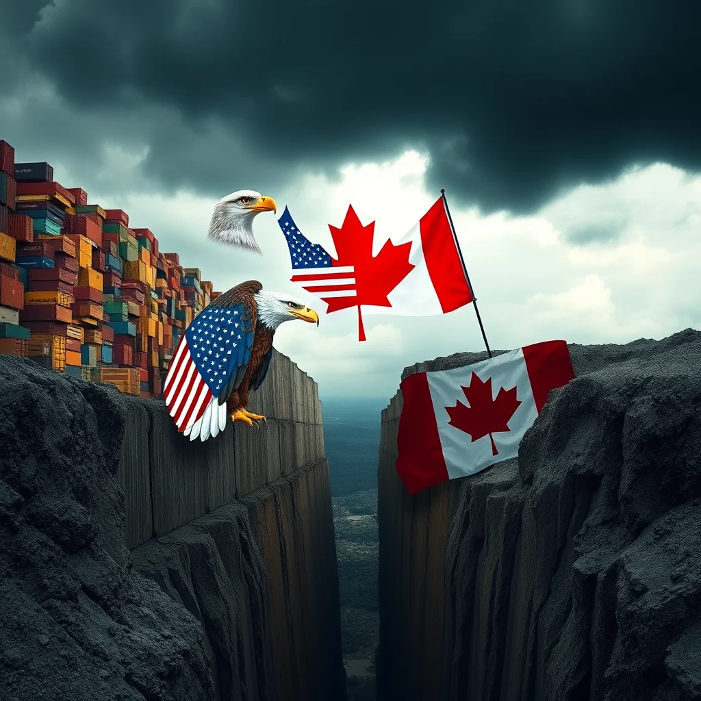 A stylized image depicts a symbolic representation of trade relations between the United States and Canada, with the two countries' flags and eagles perched on opposite sides of a chasm, with a backdrop of stacked shipping containers.