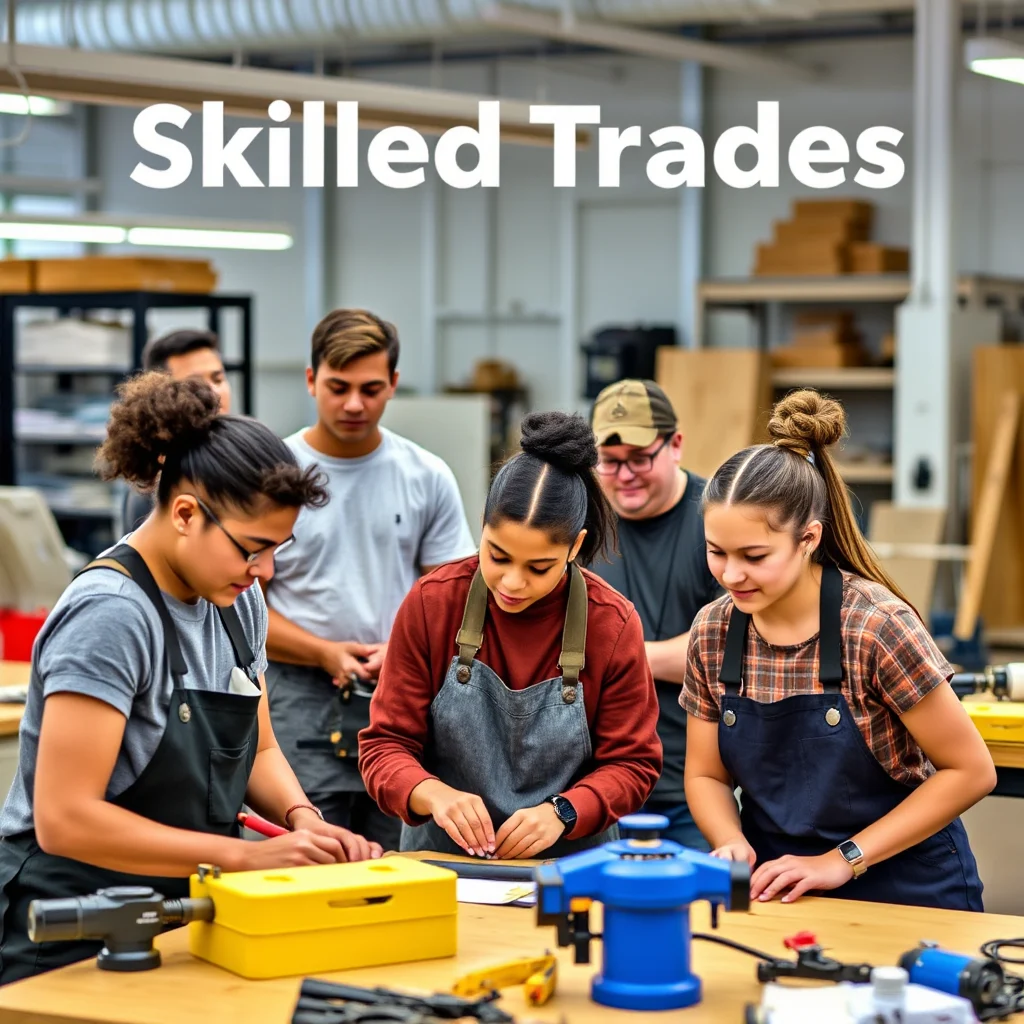 A group of young people are in a workshop, learning skills. The text "Skilled Trades" is at the top of the image.