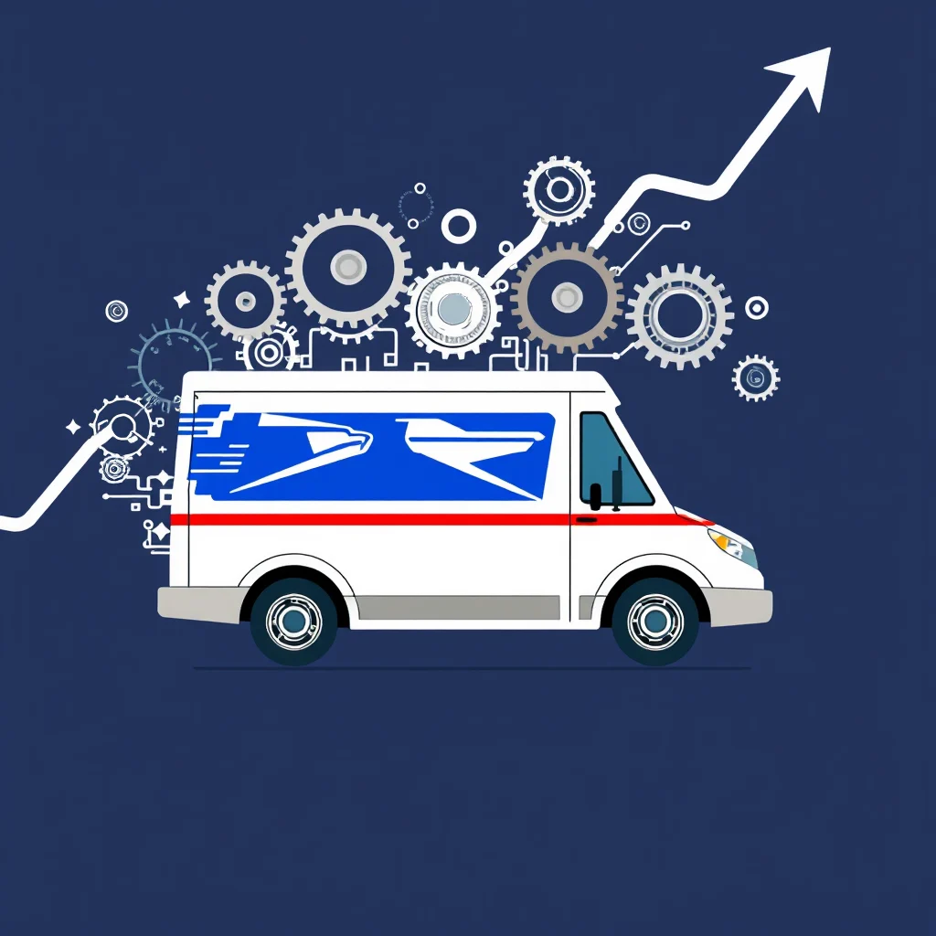 A white USPS delivery truck is shown on a dark blue background. Above the truck, a complex network of gears and technological elements is arranged, with a white upward-trending arrow emerging from the gears on the right. The truck has the USPS logo on its side.