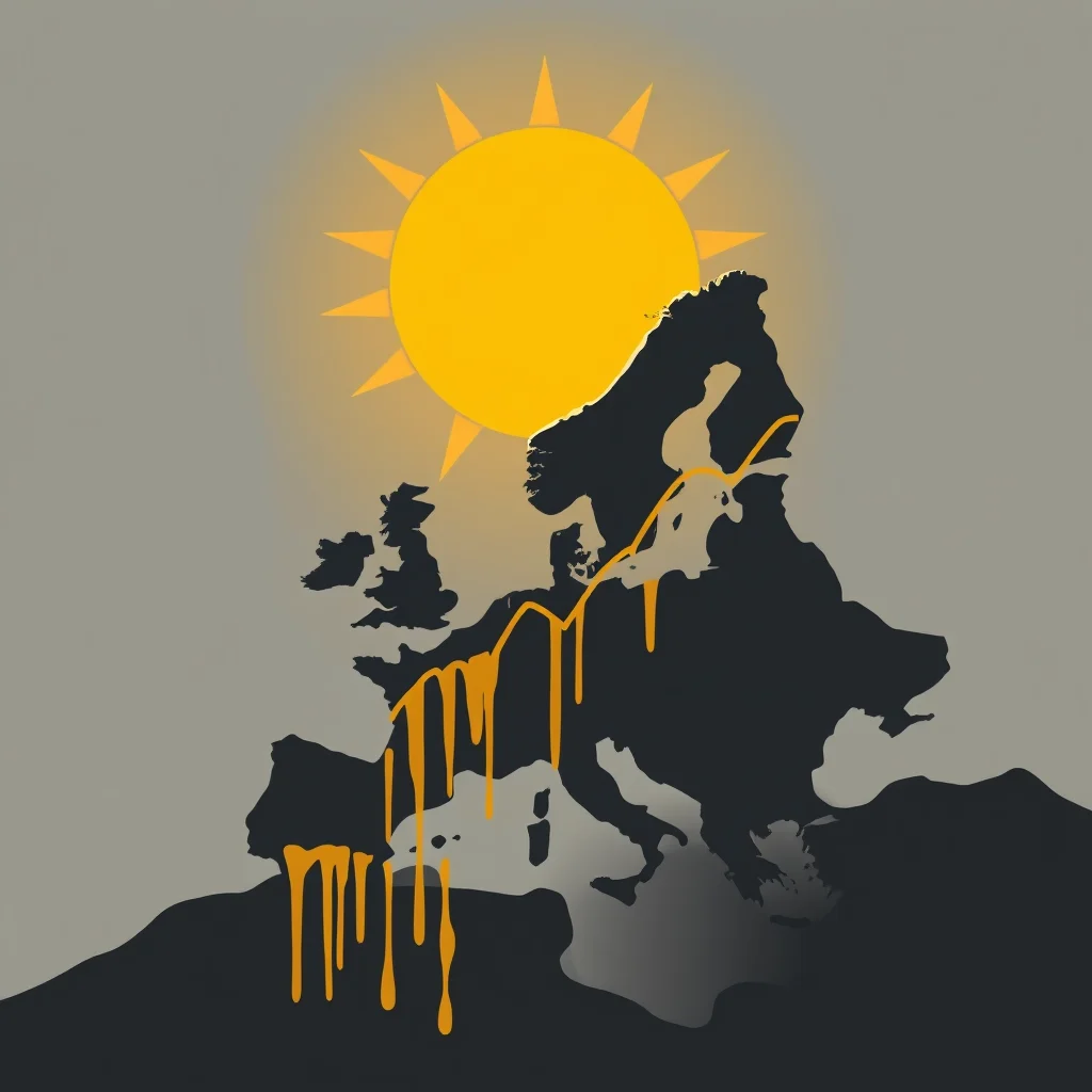A stylized illustration of Europe on a gray background, depicting the continent melting under a large, radiant yellow sun.