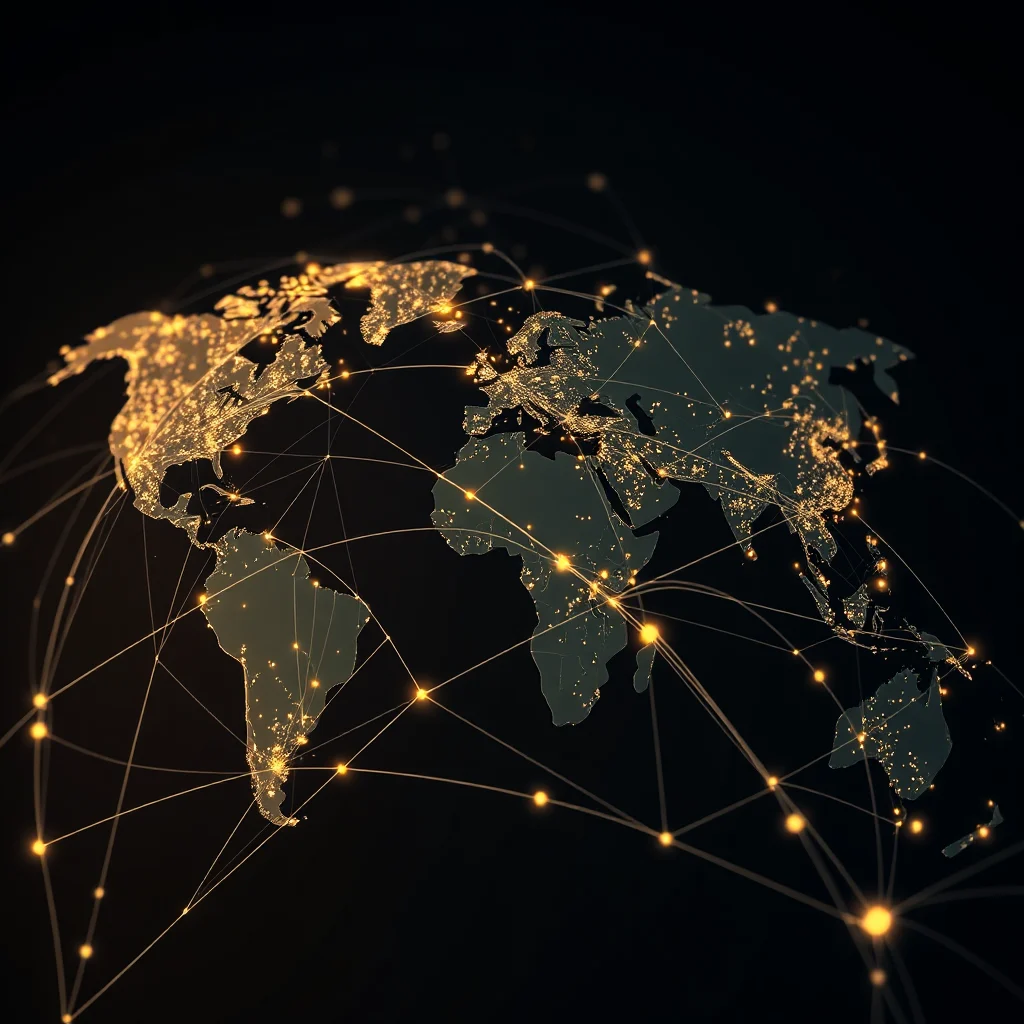 A glowing world map with interconnected lines and points representing a global network, set against a dark background.