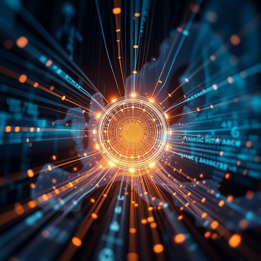 A digital sphere glows with orange light, surrounded by streaks of blue and orange light, resembling a futuristic tunnel.