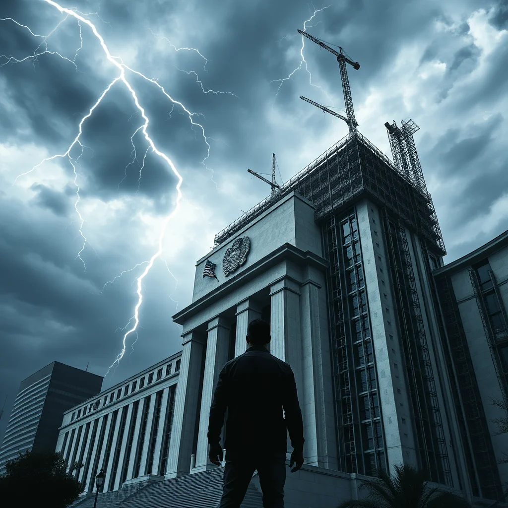 A silhouette of a man stands facing a large, imposing government-style building under a dramatic sky with bright lightning strikes. The building appears to be under construction, with cranes visible at the top.