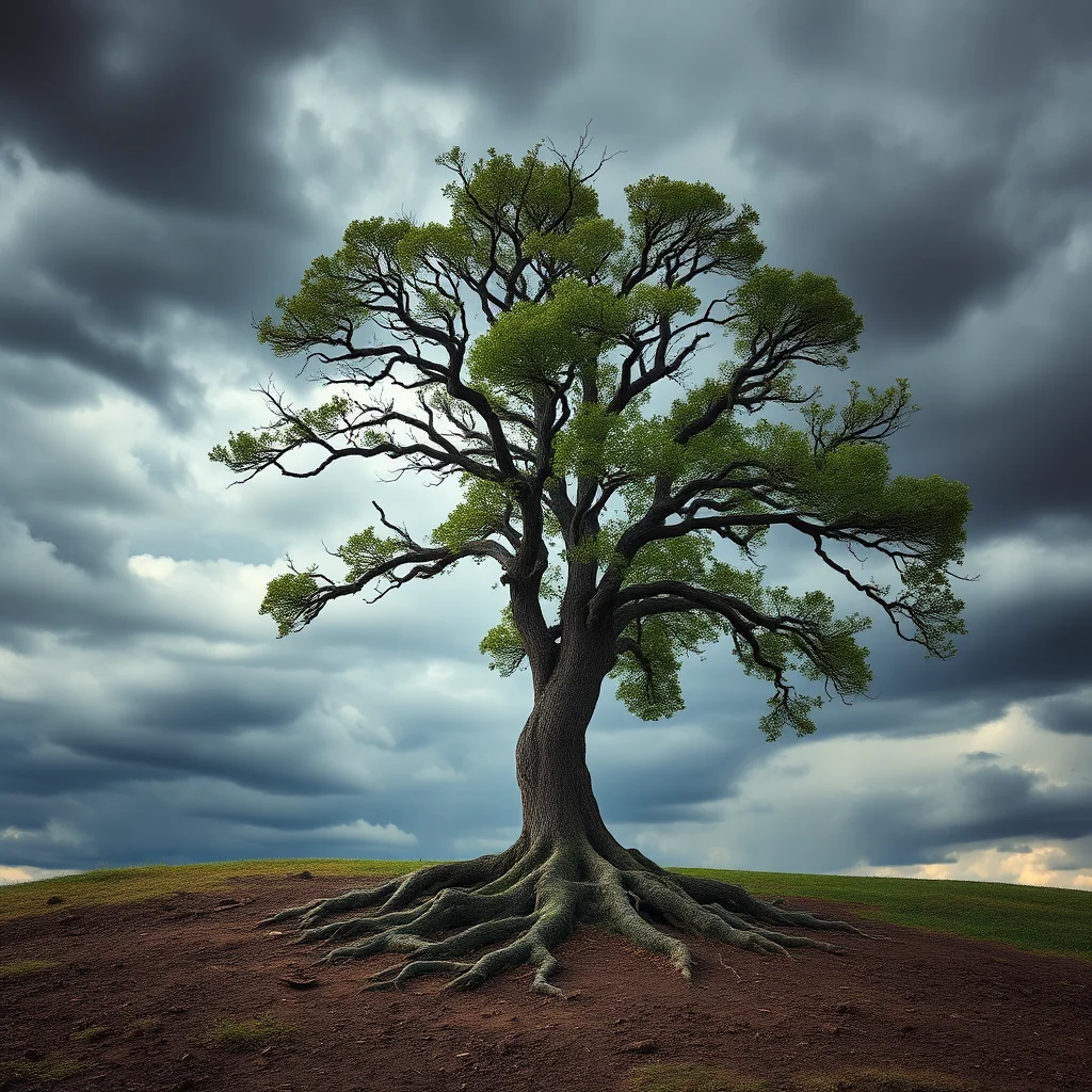 A large, old tree with thick, exposed roots stands on a grassy knoll under a dramatic, cloudy sky.