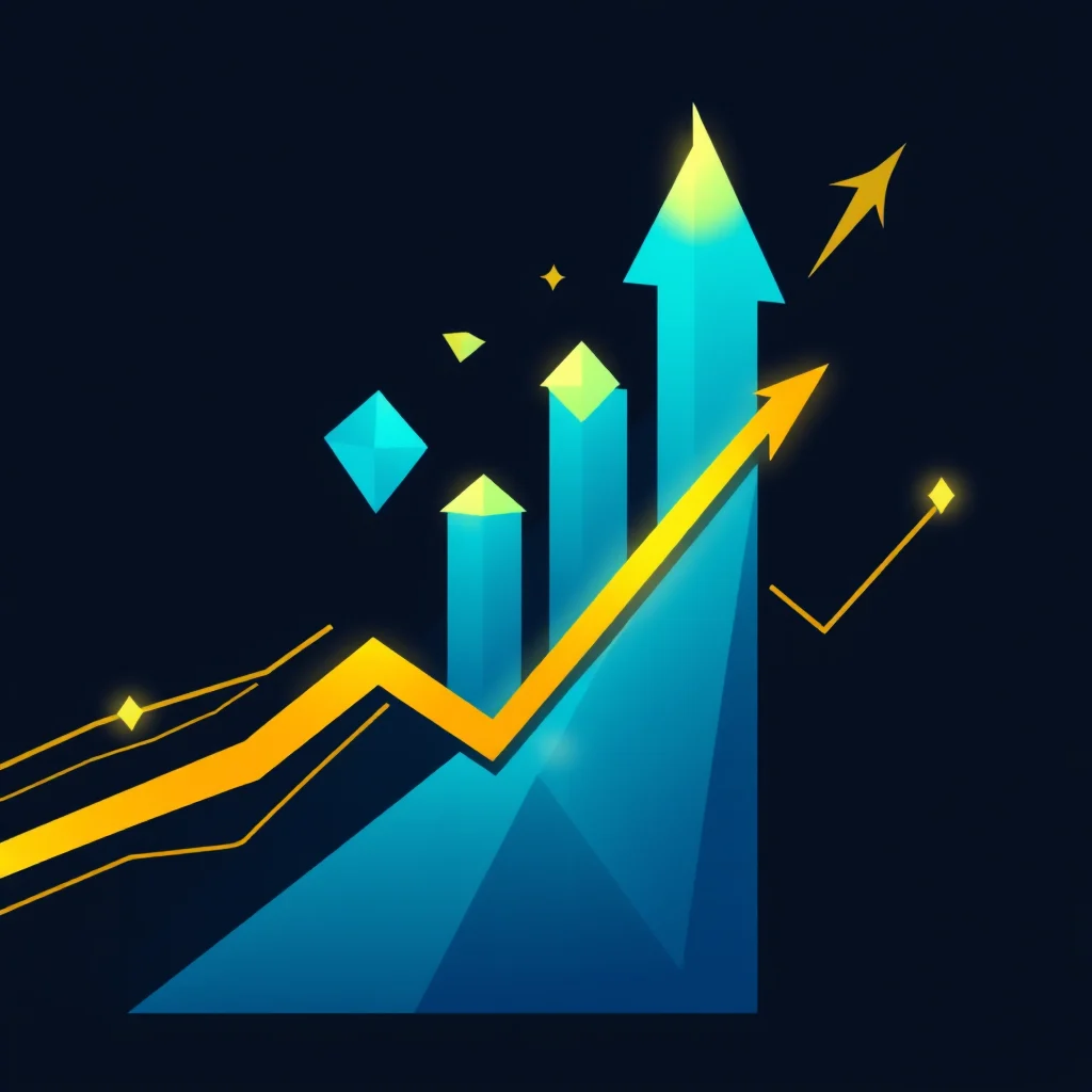 An abstract illustration of a financial graph with a blue gradient bar chart and a bright yellow line graph rising sharply upwards.