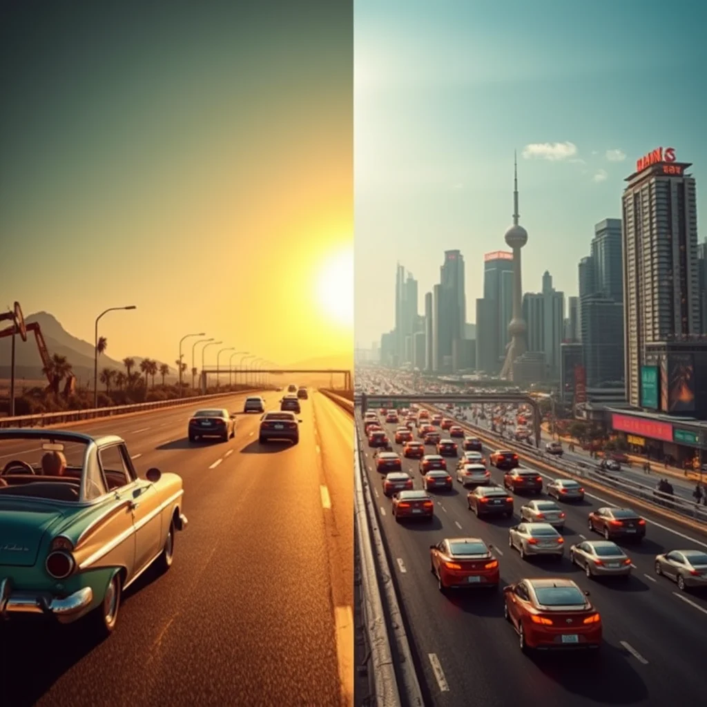 A split image of a highway. On the left, a vintage convertible drives on a road at sunset, with mountains and palm trees in the background and an oil derrick in the far distance. On the right, a modern highway is jammed with traffic, with a city skyline filled with skyscrapers and the Oriental Pearl Tower in the background.