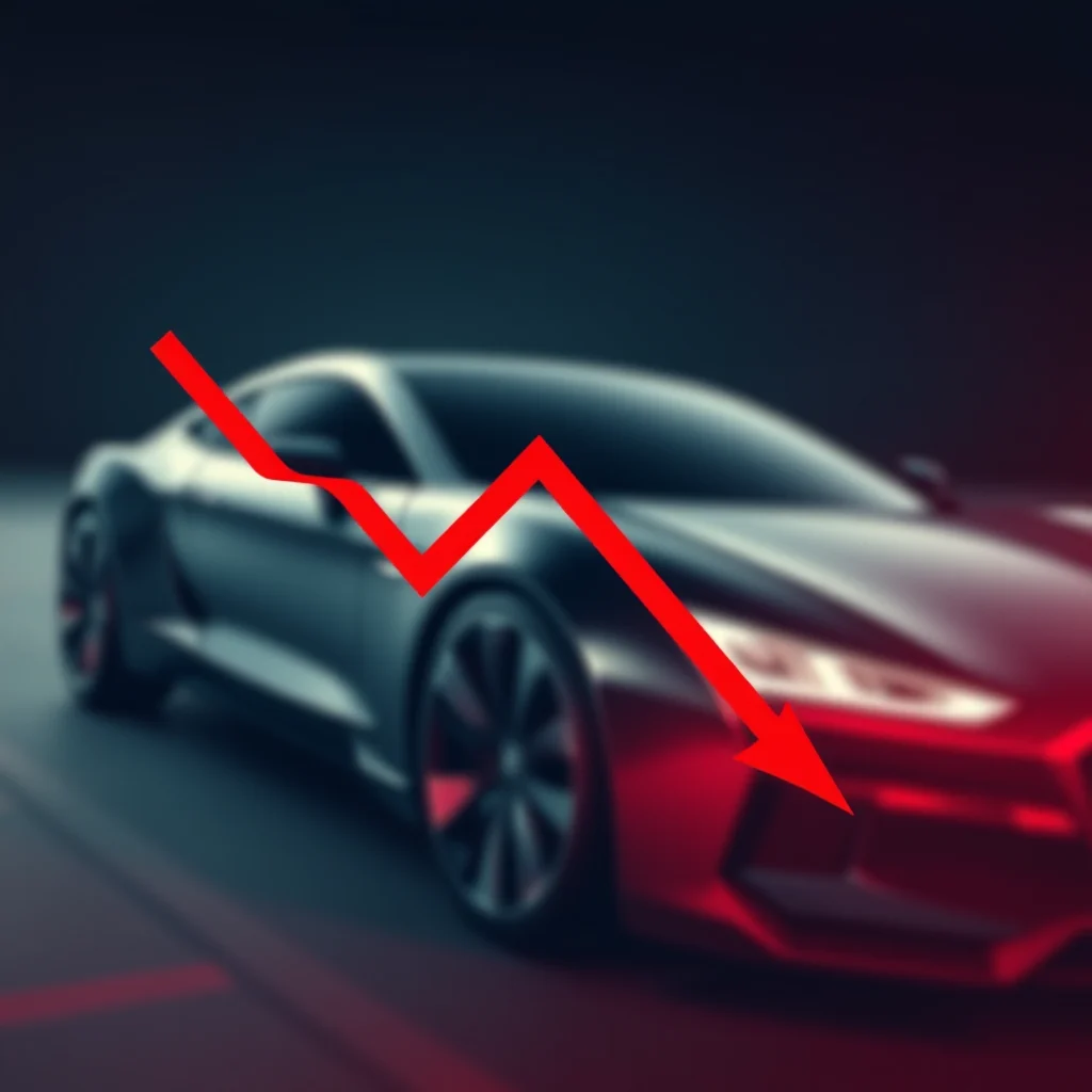 A red downward trending graph overlaid on a blurred image of a sleek, dark sports car.