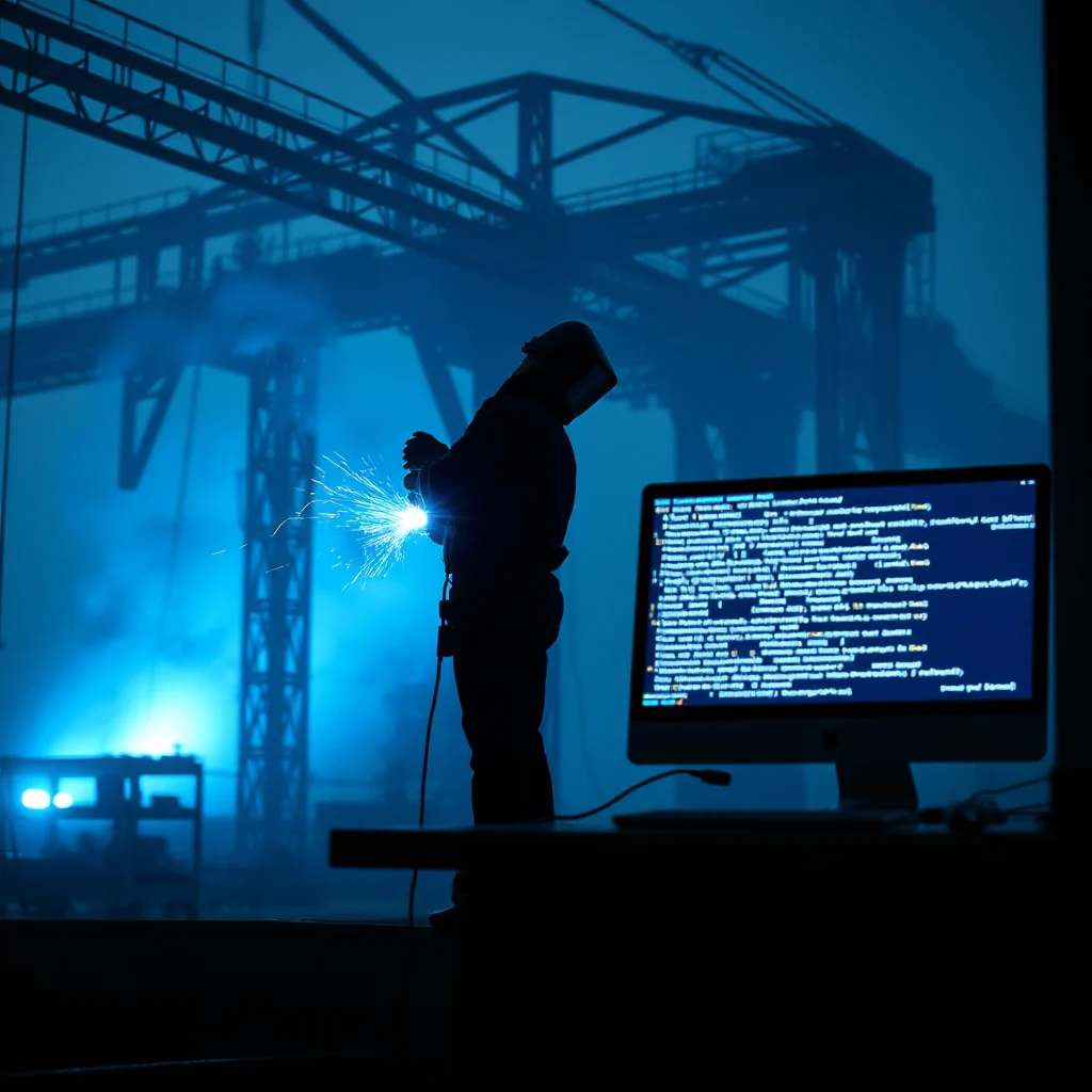 A silhouette of a welder in a protective helmet and gear is shown working, creating a bright shower of sparks. To the right, a computer monitor displays lines of code, illuminated by the blue ambient light. In the background, a large, dark industrial structure, possibly a gantry crane, looms against a hazy blue sky.