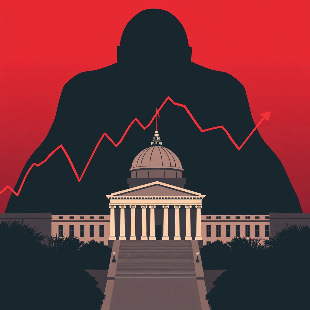 A dark, silhouetted figure looms behind a classical building with a dome and columns, resembling a government building or capitol. A red line graph snakes across the image, starting low on the left and rising sharply to the right, ending with an arrow indicating an upward trend, superimposed over the building and the figure. The background is a gradient of red, fading from dark at the bottom to a brighter red at the top.