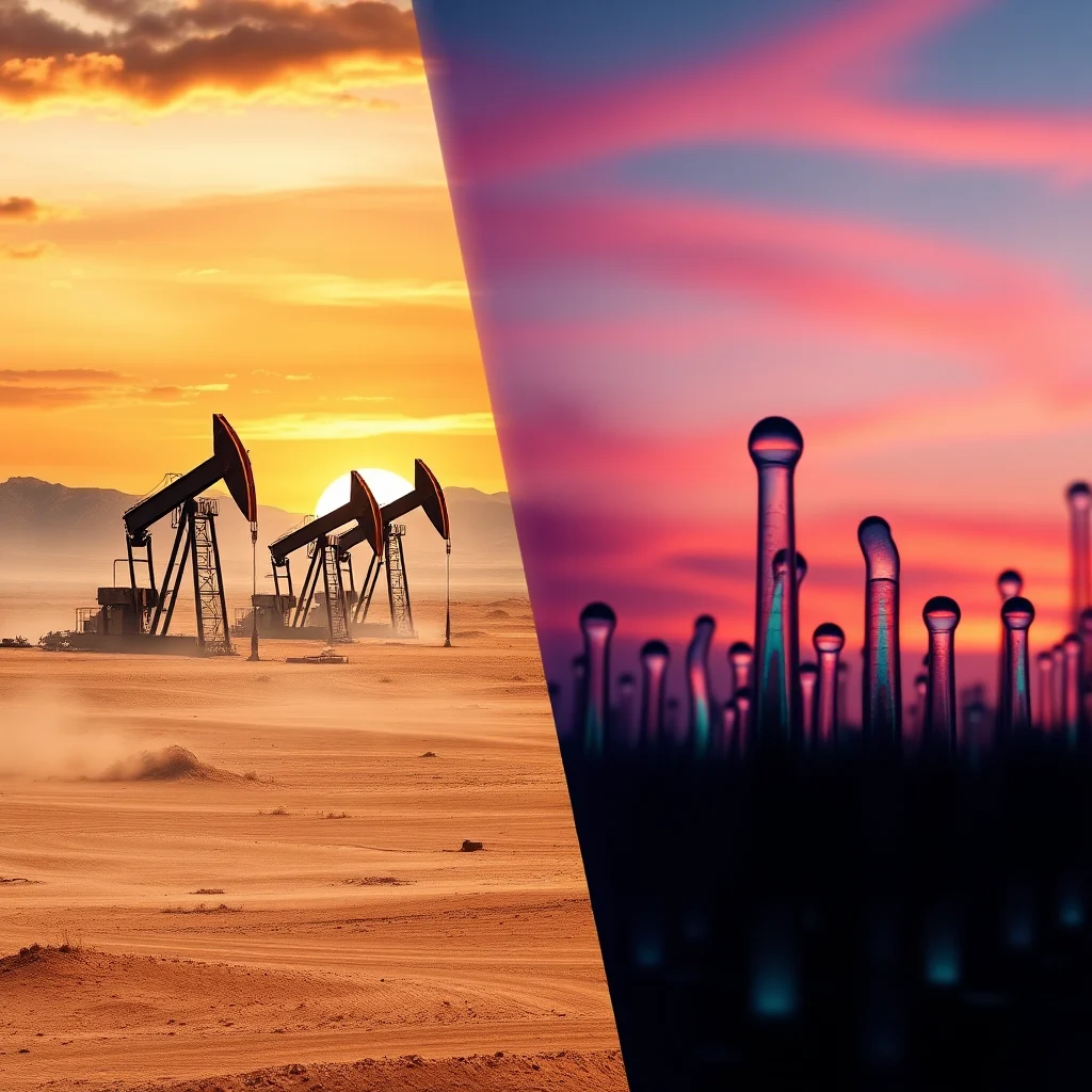 A split image showing oil pumps in a desert landscape on the left and glowing, otherworldly glass-like structures against a sunset sky on the right.