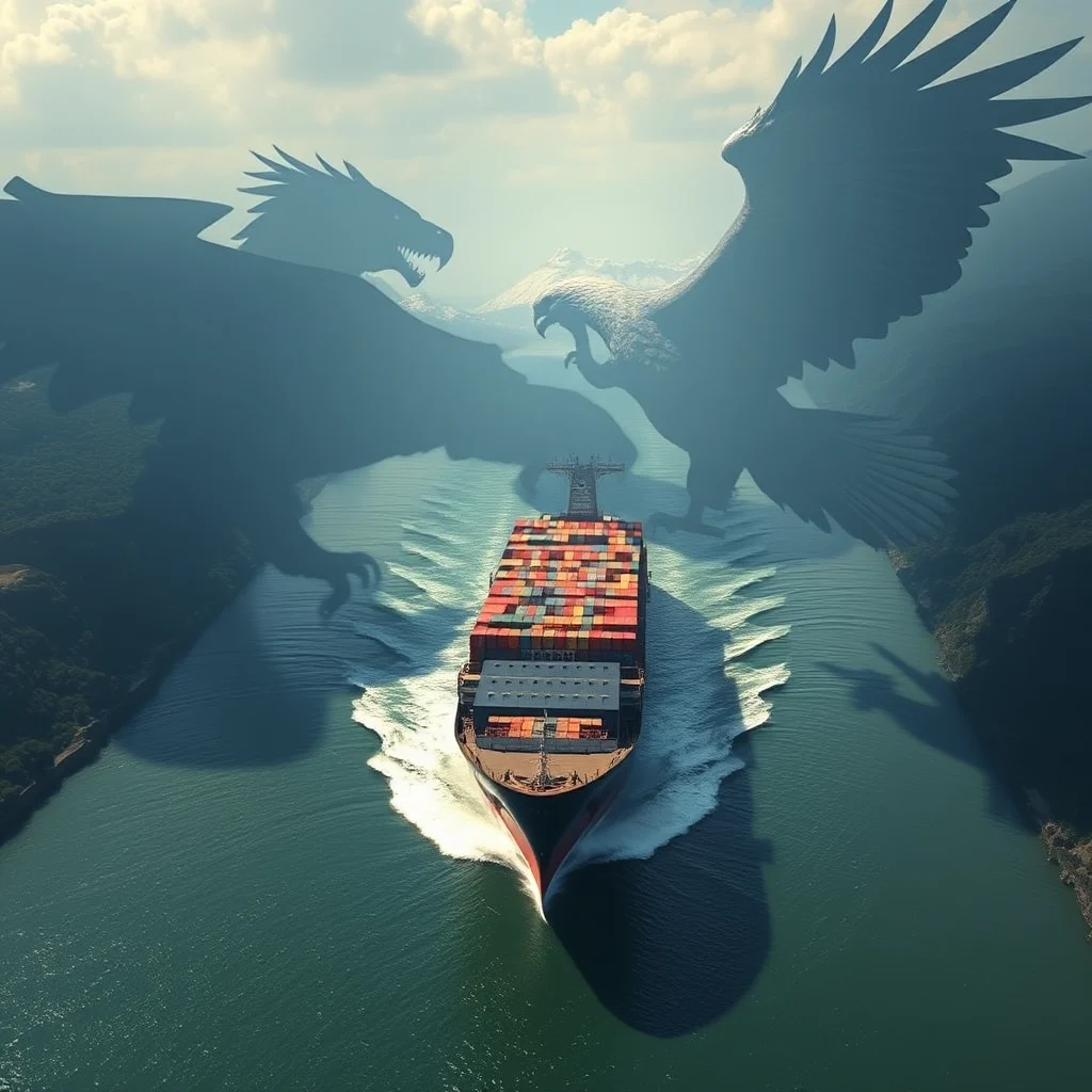 A surreal, high-angle shot shows a cargo ship sailing through a body of water. Two massive, shadowy mythical creatures appear in the sky above, one on the left resembling a dragon and the other on the right resembling an eagle. The dragon has a dark, scaled body and sharp teeth, while the eagle has large wings spread wide and a fierce expression. Both creatures appear to be lunging towards the ship. The water around the ship is disturbed, creating white wakes. The background features rolling hills covered in trees, and distant mountains under a hazy, cloud-filled sky.