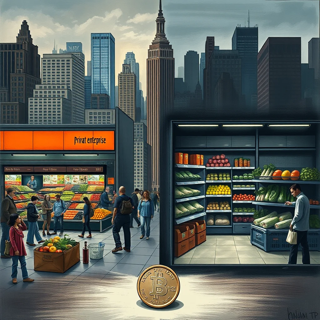 A Bitcoin coin lies on a sidewalk in front of a market stall filled with fruits and vegetables, with city skyscrapers in the background.