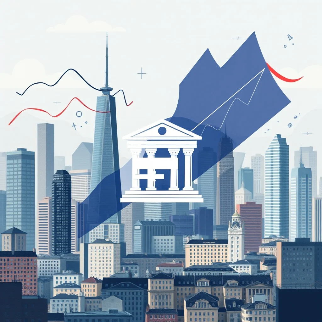 A stylized illustration depicts a cityscape with a prominent white building resembling a classical Greek temple. Behind the temple, a large blue geometric shape rises, overlaid with a white graph line indicating an upward trend, with red curves flanking it. The cityscape features numerous skyscrapers in varying shades of blue and gray, some with illuminated windows. The sky is a light gray with scattered clouds and subtle white plus signs and circles.