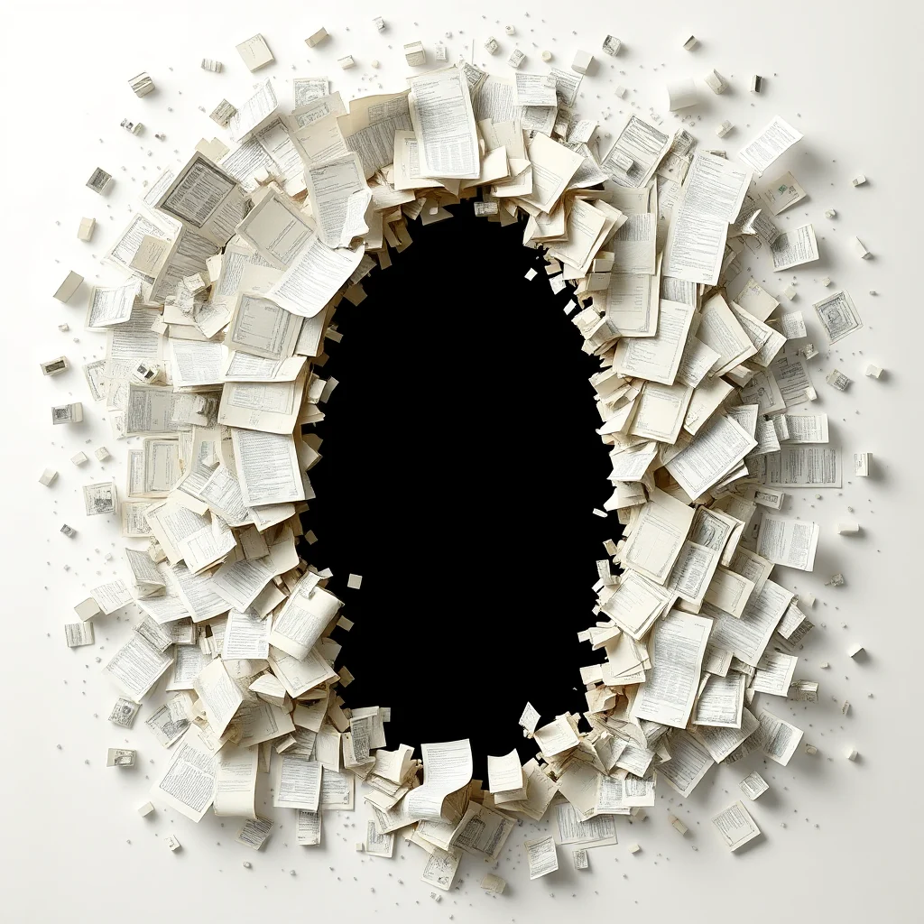 A circular hole of blackness is surrounded by a chaotic explosion of scattered white papers, some folded and creased, others appearing as small torn fragments, all set against a plain white background.