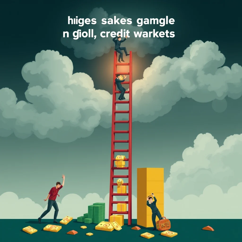 A surreal illustration depicting a red ladder reaching up through clouds, with businessmen climbing it. One man at the top is balanced precariously, while another below climbs with a large coin. Scattered around the base are stacks of money, gold coins, and a person struggling with a briefcase. To the right, a man is chopping at a tall stack of gold blocks. The text "hiiges sakes gamgle n gioll, credit warkets" is overlaid at the top in white.