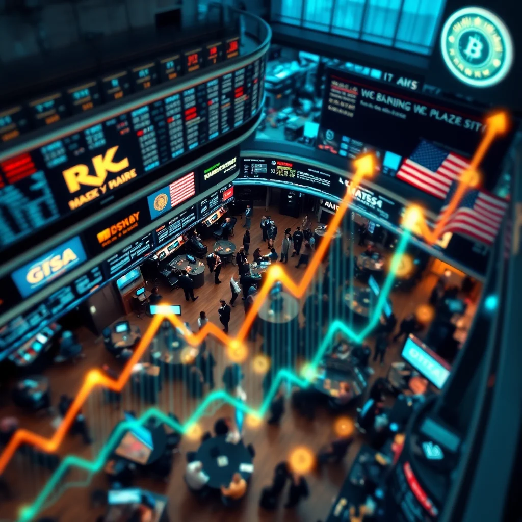 An overhead view of a busy stock trading floor, with multiple large digital displays showing stock tickers and graphs. Several traders are visible, gathered around desks or in conversation. Overlaying the scene are animated upward trending lines in orange and teal, suggesting financial market growth.