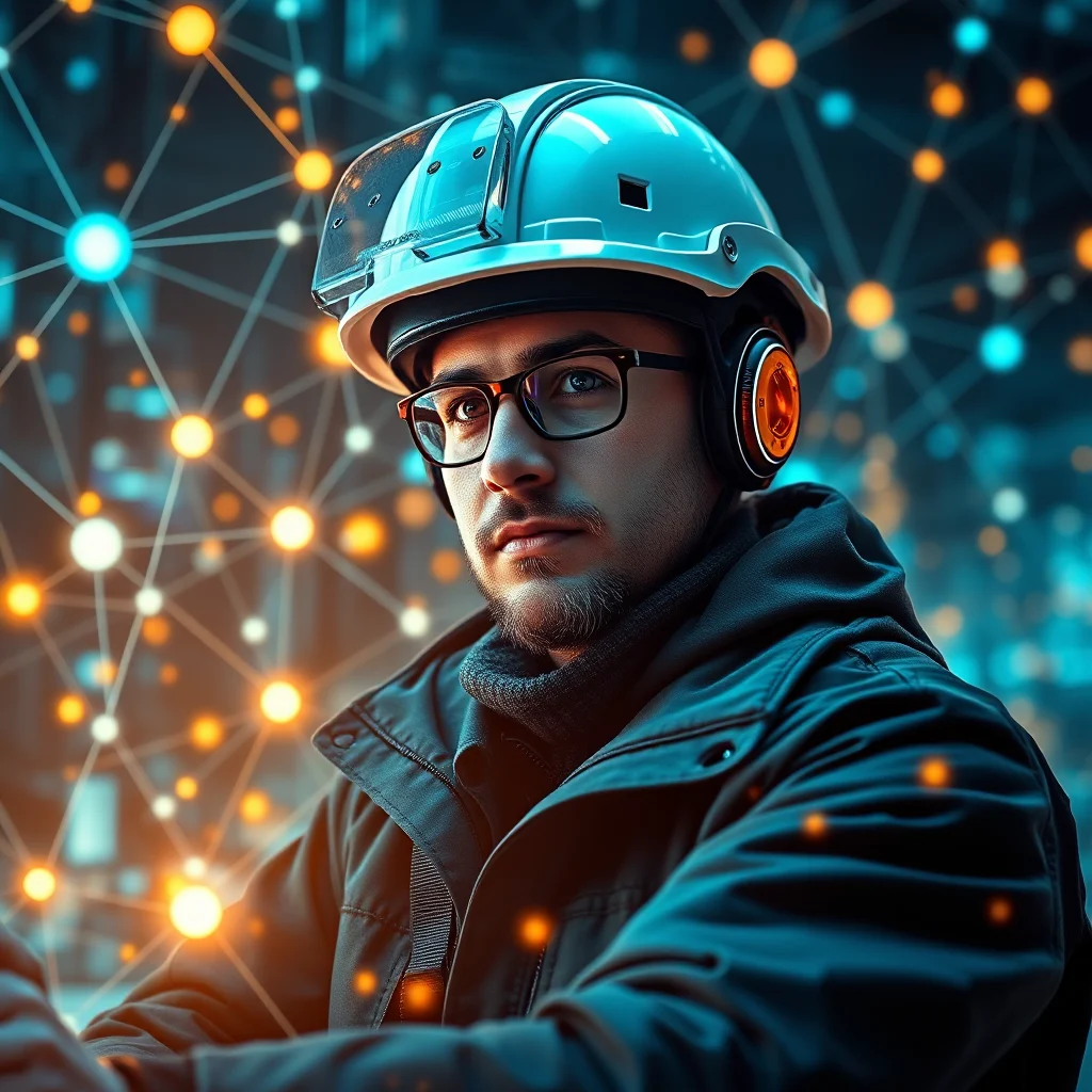 A young man wearing a hard hat and glasses, with headphones on, looks intently forward. He is dressed in a dark jacket and a grey scarf. The background is blurred, but appears to show a network of interconnected glowing lights in blue and orange, suggesting a digital or technological theme.