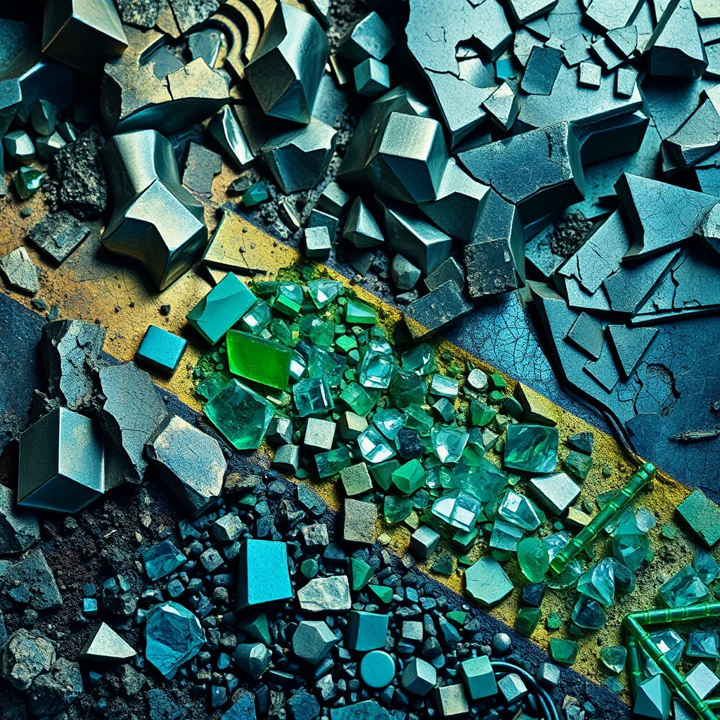A top-down view of a rough surface with metallic and crystalline textures, featuring sharp geometric shapes in shades of gray, teal, and emerald green, arranged in a visually chaotic yet organized manner, evoking a sense of raw materials and mineralogy.