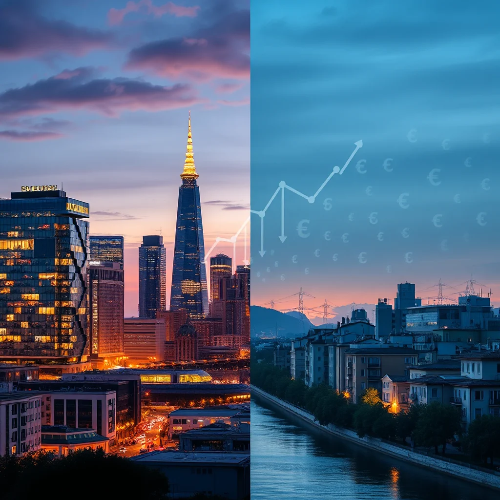 Split image: left side shows a city skyline at dusk with skyscrapers, the right side shows a city skyline with a river, power lines, and a stock chart overlay with euro symbols.