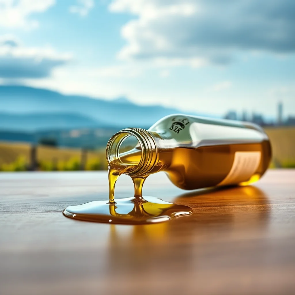 A glass bottle of golden olive oil lies on its side, spilling onto a wooden surface, with a blurred landscape of hills and sky in the background.