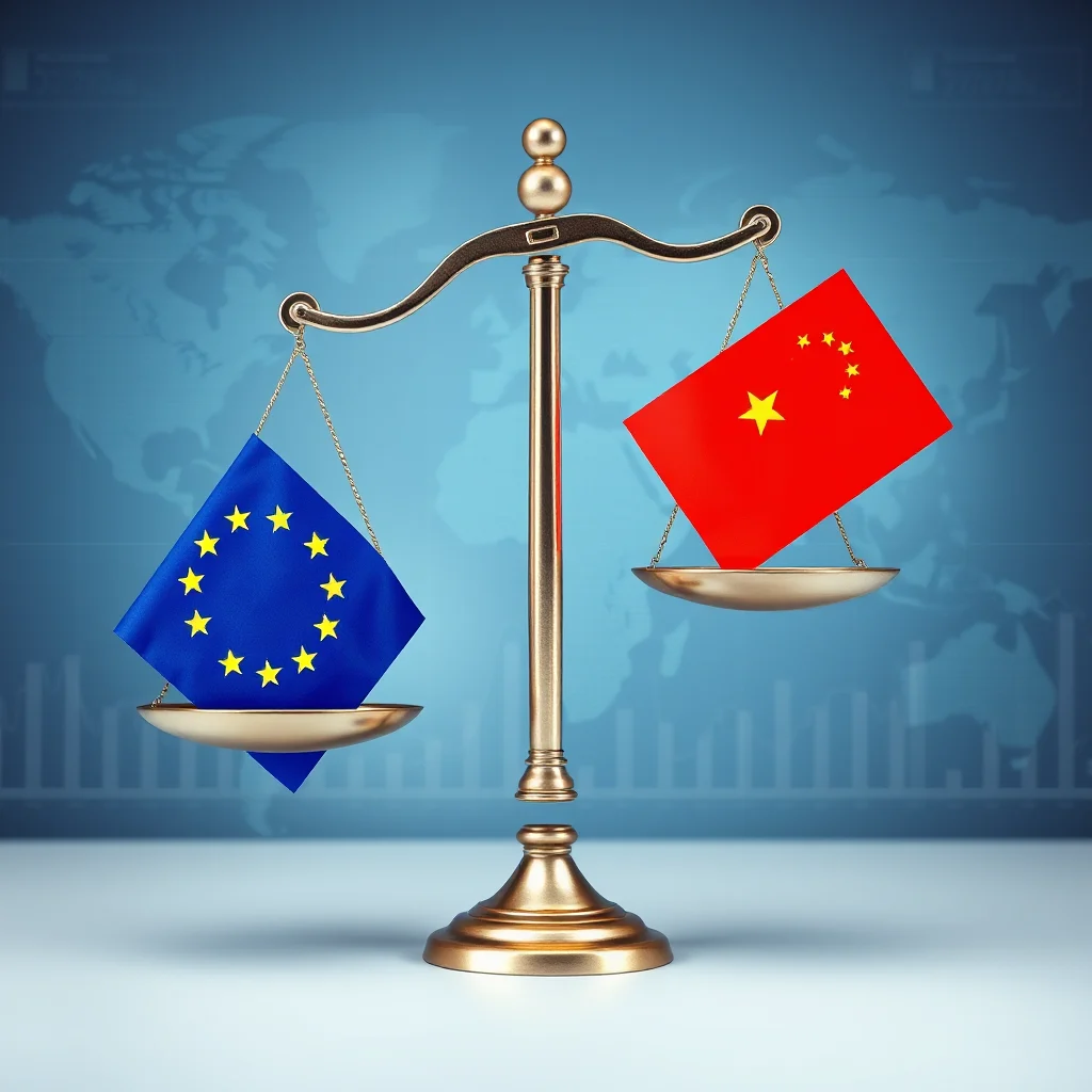 A golden balance scale with the flag of the European Union on the left pan and the flag of China on the right pan, against a background of a blue world map and financial graphs.