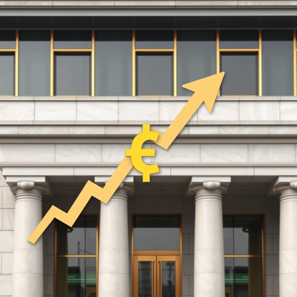 A yellow upward trending graph with a euro symbol in the center is superimposed over a neoclassical building with large pillars and dark windows.