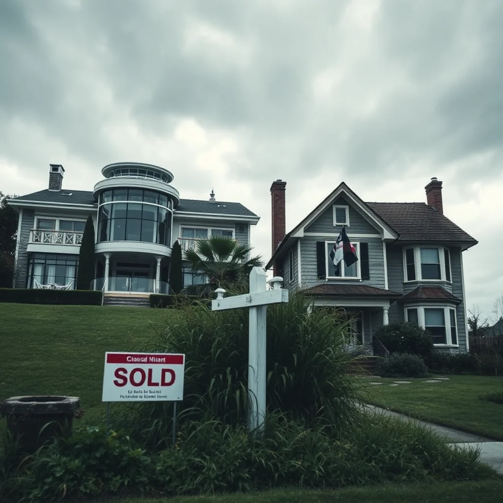 A weathered "Sold" sign stands in the foreground of a cloudy day, with two large houses behind it. The house on the left is modern with a circular glass section, and the house on the right is a traditional two-story home.