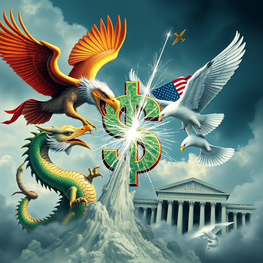 A dramatic scene depicting a fierce economic battle between a Chinese dragon and American eagles surrounding a large, glowing dollar sign amidst a stormy sky and clouds, with a classical courthouse building in the background.