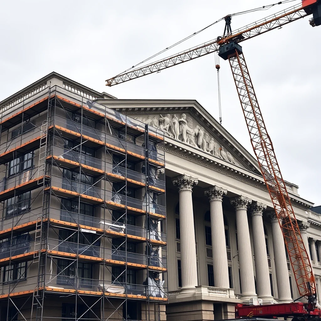 A tall orange construction crane extends over a neoclassical building with scaffolding on its left side.