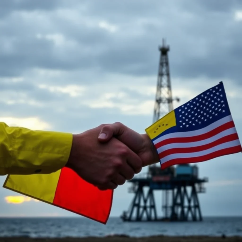 A handshake between two people in front of an oil rig, with one person holding a small flag of Venezuela and the other holding a small flag of the United States.