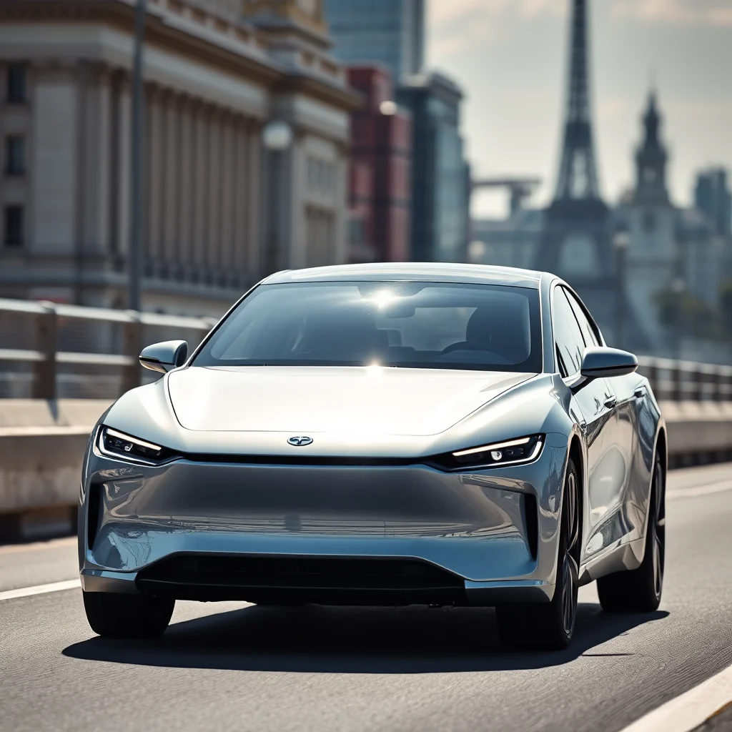 A silver electric car drives on a road in front of a cityscape with the Eiffel Tower in the background.