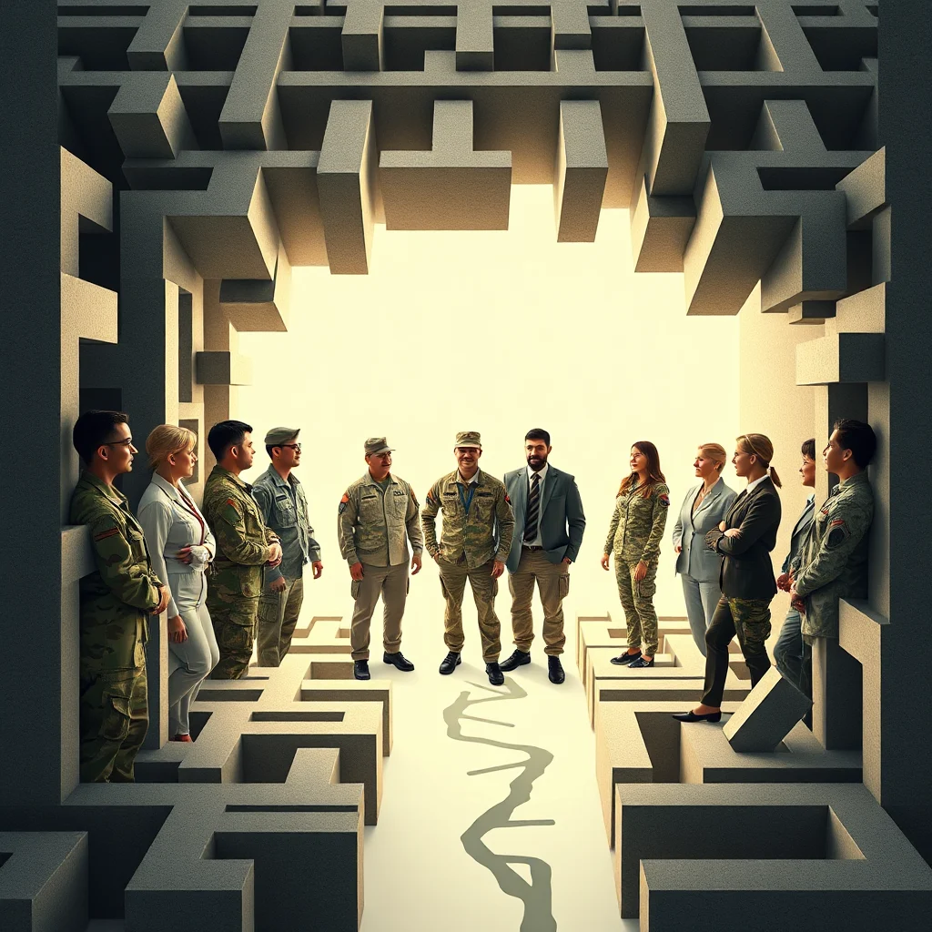 A group of soldiers and civilians stand in a maze-like structure.