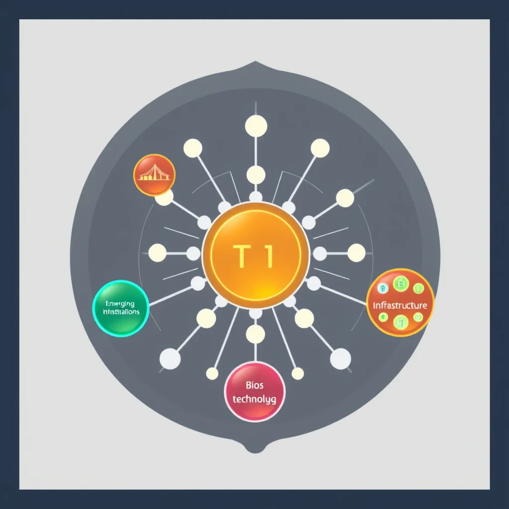 A central orange circle labeled "T 1" is surrounded by a network of smaller white and yellow circles connected by lines. Around this central structure are three smaller, colored circles with text: a green circle on the left labeled "Emerging nfrastrations", a red circle at the bottom labeled "Bios technolyg", and a yellow circle on the right labeled "Infrastructure".