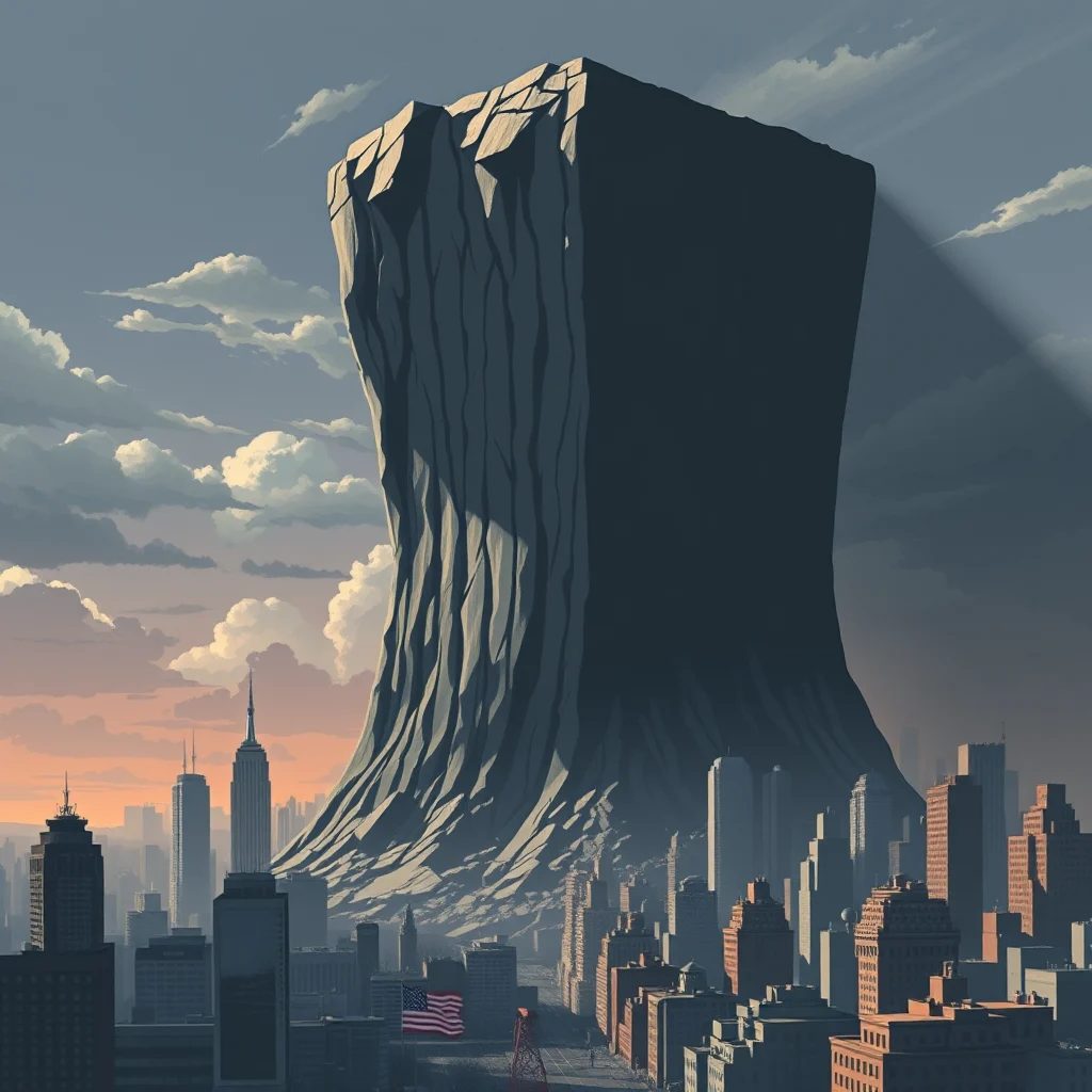 A colossal, dark grey rock formation looms over a city skyline, casting a long shadow. The rock is shaped like a towering, rough-hewn column, wider at the base and tapering slightly towards its jagged top. Its surface is textured with vertical lines, suggesting immense age and erosion. Below, a dense cityscape of modern buildings stretches out, dwarfed by the geological anomaly. Skyscrapers with pointed tops, including one resembling the Empire State Building, punctuate the urban sprawl. The sky is a dramatic mix of twilight hues, with streaks of orange and pink from the setting sun contrasting with patches of blue and soft, scattered clouds. A prominent American flag is visible flying in the foreground, adding a patriotic element to the surreal scene. The overall mood is one of awe and perhaps a hint of unease, as nature's immense power is juxtaposed with human civilization.