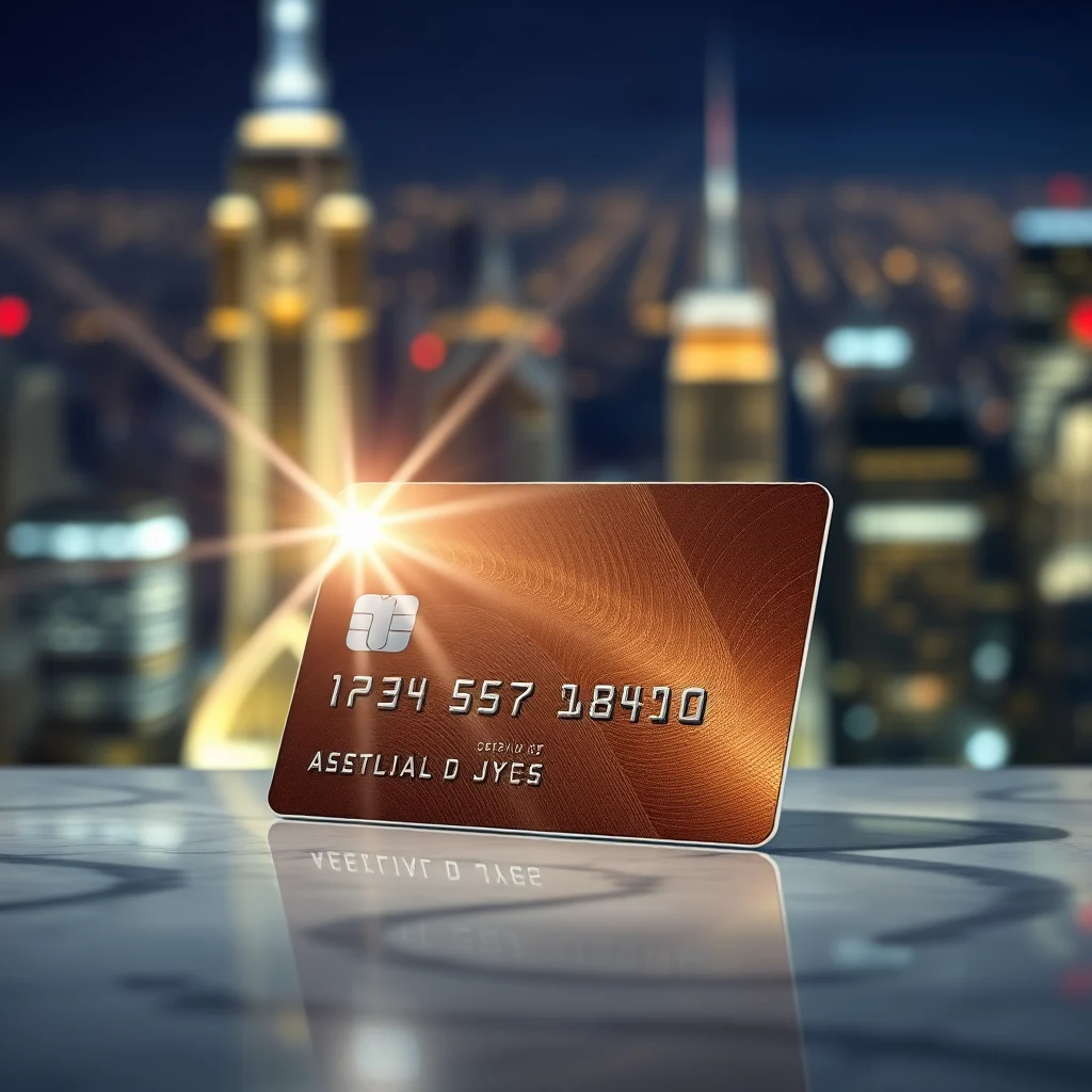 A shiny, copper-colored credit card with embossed text and a chip is placed on a reflective marble surface. In the background, a blurred cityscape at night is illuminated by the bright lights of skyscrapers, with a lens flare emanating from behind the card.