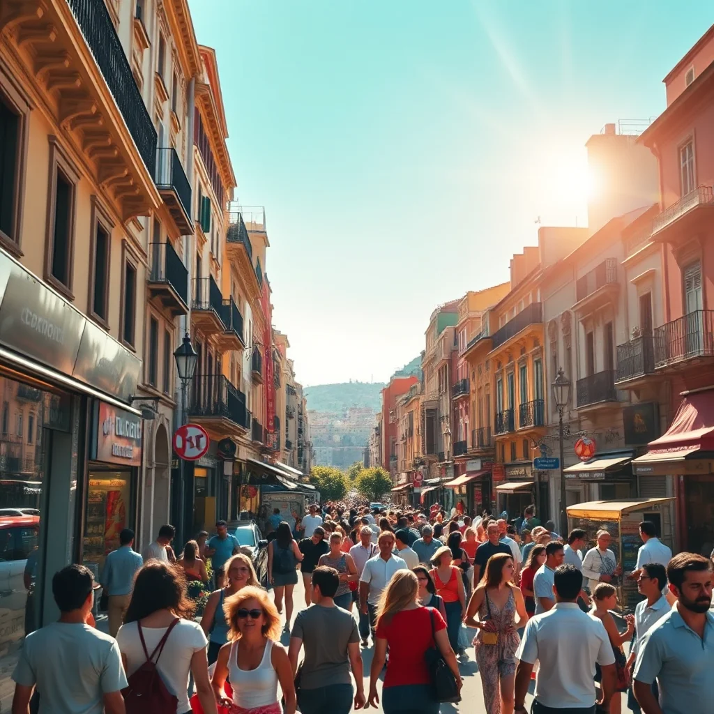 A bustling street scene in a European city on a sunny day, with people walking on both sides of the street past shops and colorful buildings.